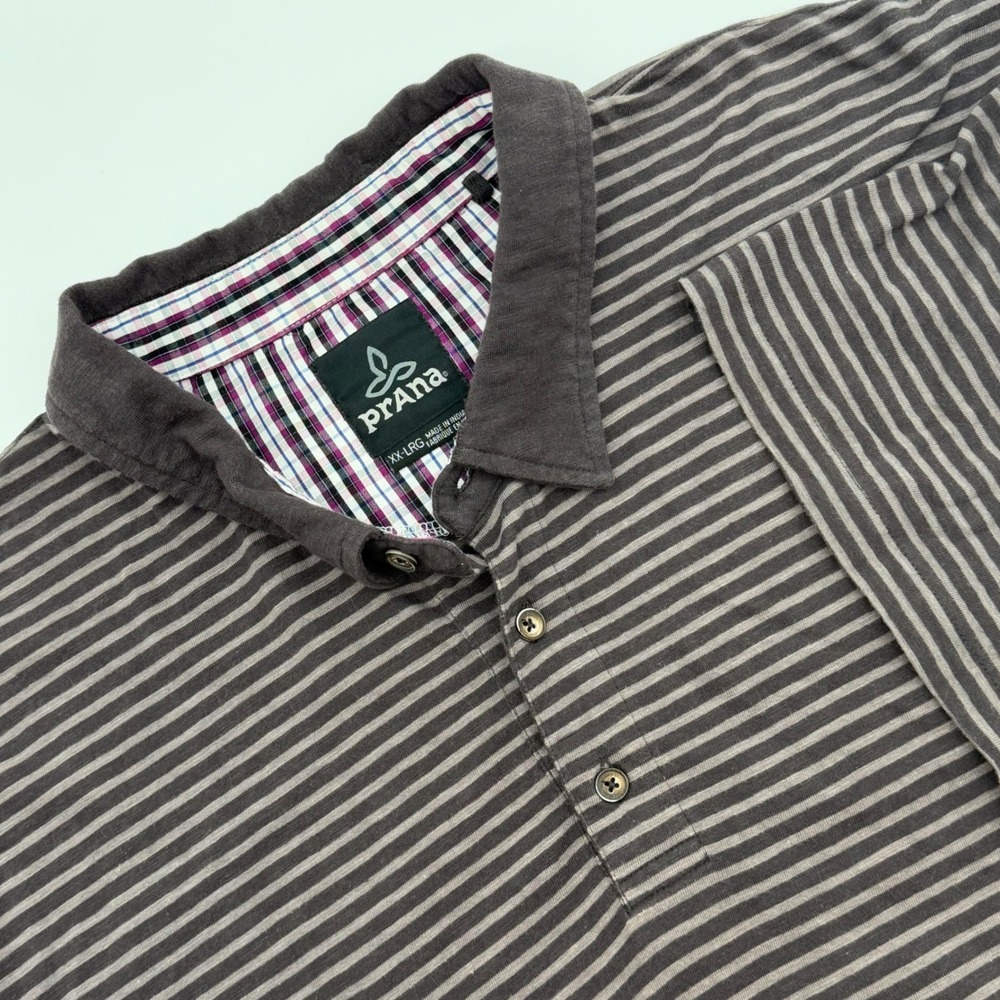 Prana Mens XXL Striped Short Sleeve Polo Shirt Charcoal Grey Casual Outdoor